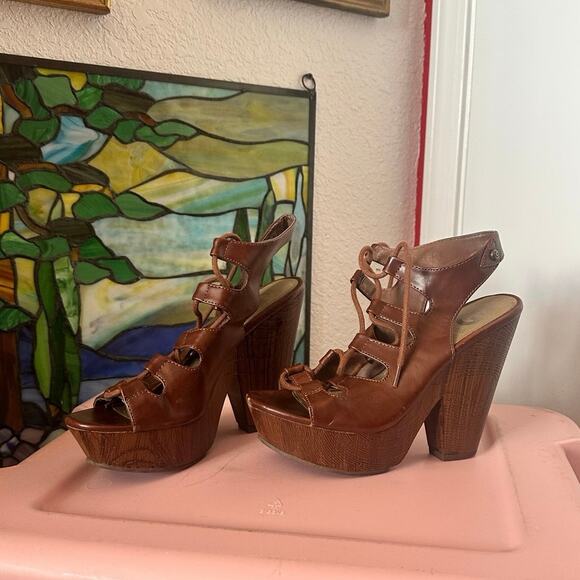 guess wood platform brown heels shoes - Picture 2 of 5